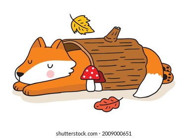 Cartoon cute hand draw fox sleep in log, Autumn vector.