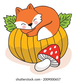 Cartoon cute hand draw fox sleep on big pumpkin , Autumn vector.