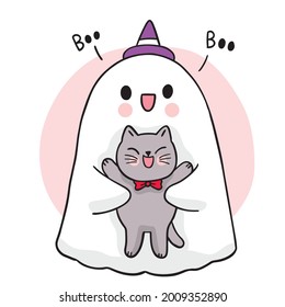 Cartoon cute hand draw ghost hug black cat, Halloween day vector.