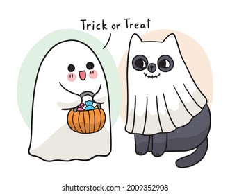 Cartoon cute hand draw ghost and black cat trick or treat, Halloween day vector.