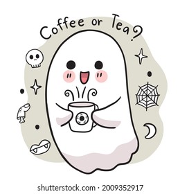 Cartoon cute hand draw ghost and coffee cup, Halloween day vector.