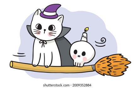 Cartoon cute hand draw Halloween day, Witch black cat and skeleton on broom vector.