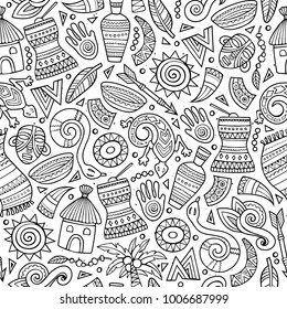 Cartoon cute hand drawn African seamless pattern. Line art detailed, with lots of objects background. Endless funny vector illustration