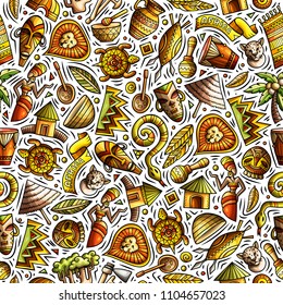Cartoon cute hand drawn African seamless pattern. Colorful detailed, with lots of objects background. Endless funny vector illustration. Bright colors backdrop