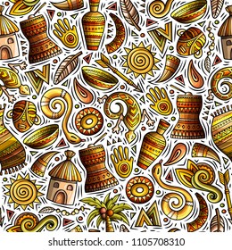 Cartoon cute hand drawn African seamless pattern. Colorful detailed, with lots of objects background. Endless funny vector illustration. Bright colors backdrop