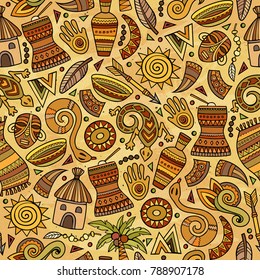 Cartoon cute hand drawn African seamless pattern. Colorful detailed, with lots of objects background. Endless funny vector illustration. Bright colors backdrop
