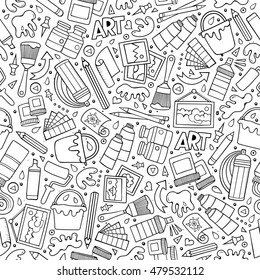 Cartoon cute hand drawn Art seamless pattern  Line art detailed  and lots objects background  Endless funny vector illustration  Sketchy artist backdrop 