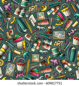 Cartoon cute hand drawn Art seamless pattern. Colorful detailed, with lots of objects background. Endless funny vector illustration. Bright colors artist backdrop.