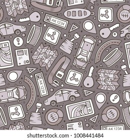 Cartoon cute hand drawn Automotive seamless pattern. Illustration with lots of elements. Endless funny vector background