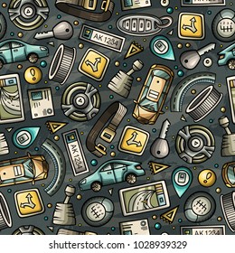 Cartoon cute hand drawn Automotive seamless pattern. Illustration with lots of elements. Endless funny vector background