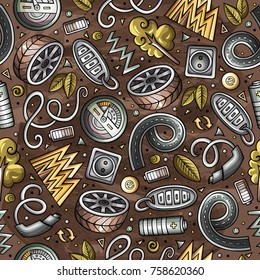 Cartoon cute hand drawn automotive seamless pattern. Colorful detailed, with lots of objects background. Endless funny vector illustration. Bright colors backdrop