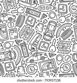 Cartoon cute hand drawn Automotive seamless pattern. Illustration with lots of elements. Endless funny vector background
