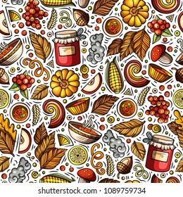 Cartoon cute hand drawn Autumn seamless pattern. Colorful detailed, with lots of objects background. Endless funny vector illustration. Bright colors fall backdrop.