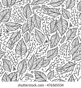 Cartoon cute hand drawn Autumn seamless pattern. Line art detailed, with lots of objects background. Endless funny vector illustration. Bright colors fall backdrop.