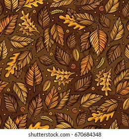 Cartoon cute hand drawn Autumn seamless pattern. Colorful detailed, with lots of objects background. Endless funny vector illustration. Bright colors fall backdrop.