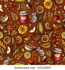 Cartoon cute hand drawn Autumn seamless pattern. Colorful detailed, with lots of objects background. Endless funny vector illustration. Bright colors fall backdrop.