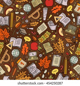 Cartoon cute hand drawn Back to school seamless pattern. Colorful detailed, with lots of objects background. Endless funny vector illustration. Bright colors backdrop with education items.