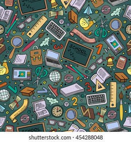 Cartoon cute hand drawn Back to school seamless pattern. Colorful detailed, with lots of objects background. Endless funny vector illustration. Bright colors backdrop with education items.