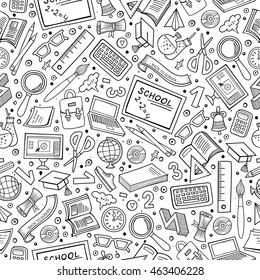 Cartoon cute hand drawn Back to school seamless pattern. Sketchy detailed, with lots of objects background. Endless funny vector illustration. Line art backdrop with education items.