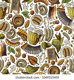 Cartoon cute hand drawn Beer fest seamless pattern. Colorful with lots of objects background. Endless funny vector illustration