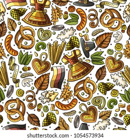 Cartoon cute hand drawn Beer fest seamless pattern. Colorful with lots of objects background. Endless funny vector illustration