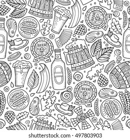 Cartoon cute hand drawn Beer fest seamless pattern. Line art with lots of objects background. Endless funny vector illustration