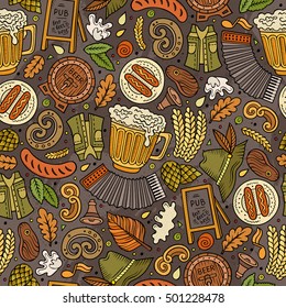 Cartoon cute hand drawn Beer fest seamless pattern. Colorful with lots of objects background. Endless funny vector illustration