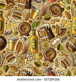 Cartoon cute hand drawn Beer fest seamless pattern. Colorful with lots of objects background. Endless funny vector illustration