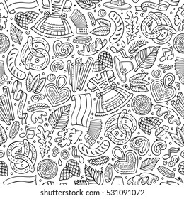 Cartoon cute hand drawn Beer fest seamless pattern. Line art with lots of objects background. Endless funny vector illustration