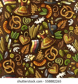 Cartoon cute hand drawn Beer fest seamless pattern. Colorful with lots of objects background. Endless funny vector illustration