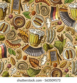 Cartoon cute hand drawn Beer fest seamless pattern. Colorful with lots of objects background. Endless funny vector illustration 