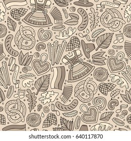 Cartoon cute hand drawn Beer fest seamless pattern. Line art with lots of objects background. Endless funny vector illustration