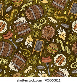 Cartoon cute hand drawn Beer fest seamless pattern. Colorful with lots of objects background. Endless funny vector illustration