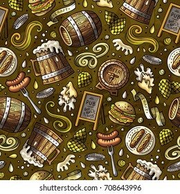 Cartoon cute hand drawn Beer fest seamless pattern. Colorful with lots of objects background. Endless funny vector illustration