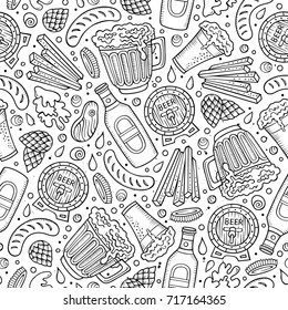 Cartoon cute hand drawn Beer fest seamless pattern. Line art with lots of objects background. Endless funny vector illustration