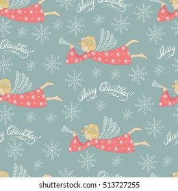Cartoon cute hand drawn Christmas angel flying seamless pattern. Colorful pastel elements with text background.