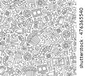 Cartoon cute hand drawn Cinema seamless pattern. Line art detailed, with lots of objects background. Endless funny vector illustration