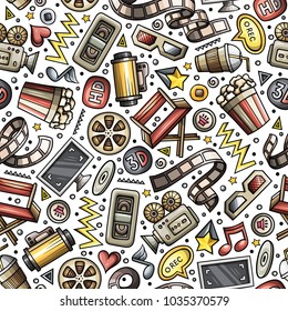 Cartoon cute hand drawn Cinema seamless pattern. Colorful detailed, with lots of objects background. Endless funny vector illustration