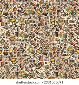 Cartoon cute hand drawn Cinema seamless pattern. Colorful with lots of objects Movie background. Endless funny vector illustration