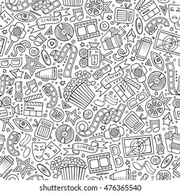 Cartoon cute hand drawn Cinema seamless pattern. Line art detailed, with lots of objects background. Endless funny vector illustration