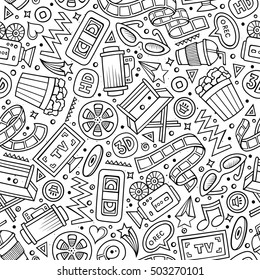 Cartoon cute hand drawn Cinema seamless pattern. Line art detailed, with lots of objects background. Endless funny vector illustration