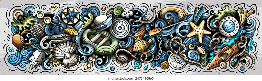 Cartoon cute hand drawn colorful vector doodle Marine horizontal banner design