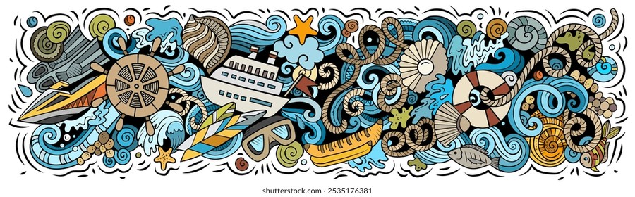 Cartoon cute hand drawn colorful vector doodle Marine horizontal banner design