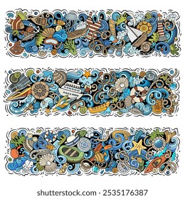 Cartoon cute hand drawn colorful vector doodles Marine set of horizontal banners design