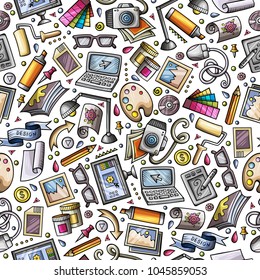 Cartoon cute hand drawn Design seamless pattern. Colorful detailed, with lots of objects background. Endless funny vector illustration.