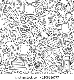 Cartoon cute hand drawn Design and Art seamless pattern. Colorful detailed, with lots of objects background. Endless funny vector illustration.