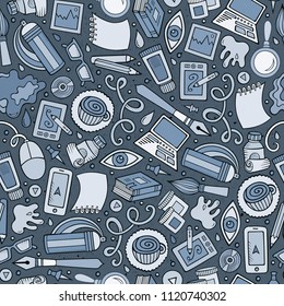 Cartoon cute hand drawn Design and Art seamless pattern. Colorful detailed, with lots of objects background. Endless funny vector illustration.