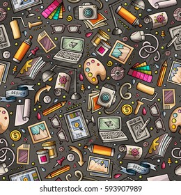 Cartoon cute hand drawn Design seamless pattern. Colorful detailed, with lots of objects background. Endless funny vector illustration.