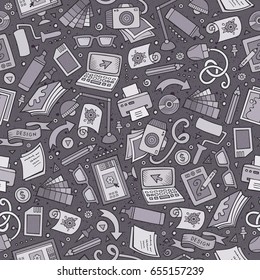 Cartoon cute hand drawn Design seamless pattern. Line art detailed, with lots of objects background. Endless funny vector illustration. Monochrome graphic designer backdrop.