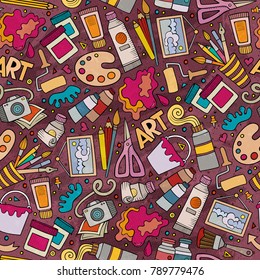 Cartoon cute hand drawn Design and Art seamless pattern. Illustration with lots of elements. Endless funny vector background